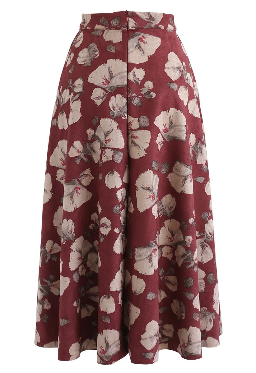 Floral Impression Faux Suede Skirt in Red