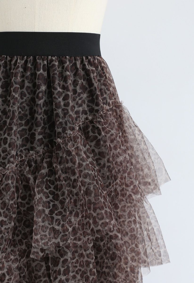 Holly Night Leopard Asymmetric Ruffle Mesh Skirt in Brown