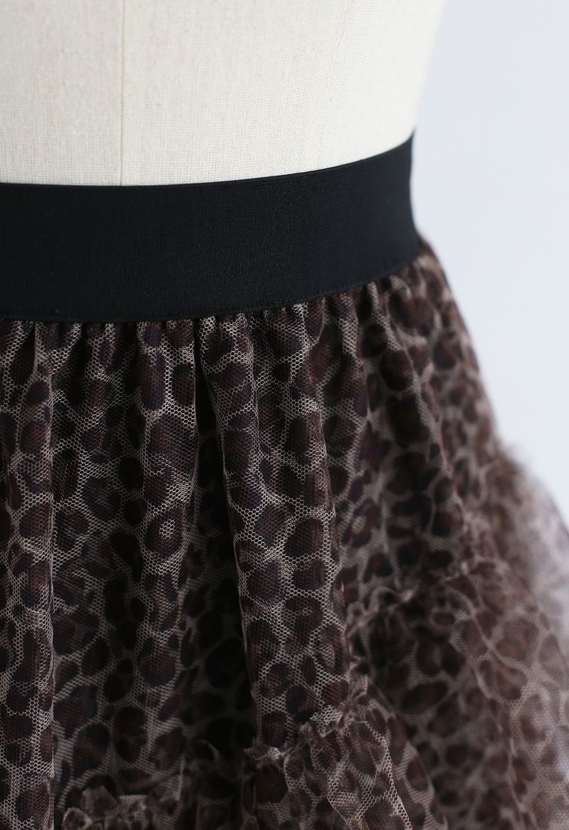 Holly Night Leopard Asymmetric Ruffle Mesh Skirt in Brown