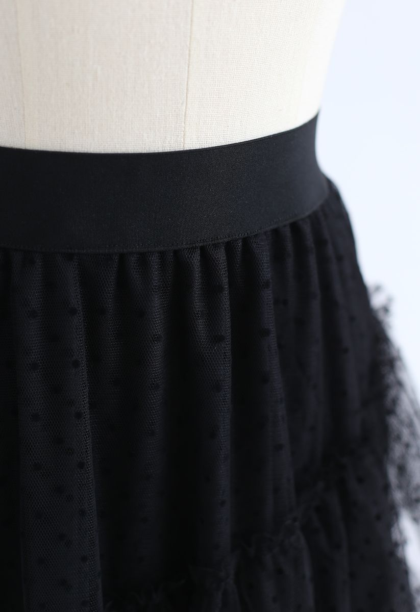 Holly Night Dots Asymmetric Ruffle Mesh Skirt in Black