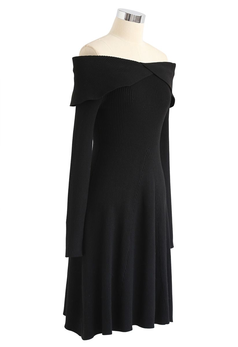 Break of Dawn Off-Shoulder Knit Dress in Black