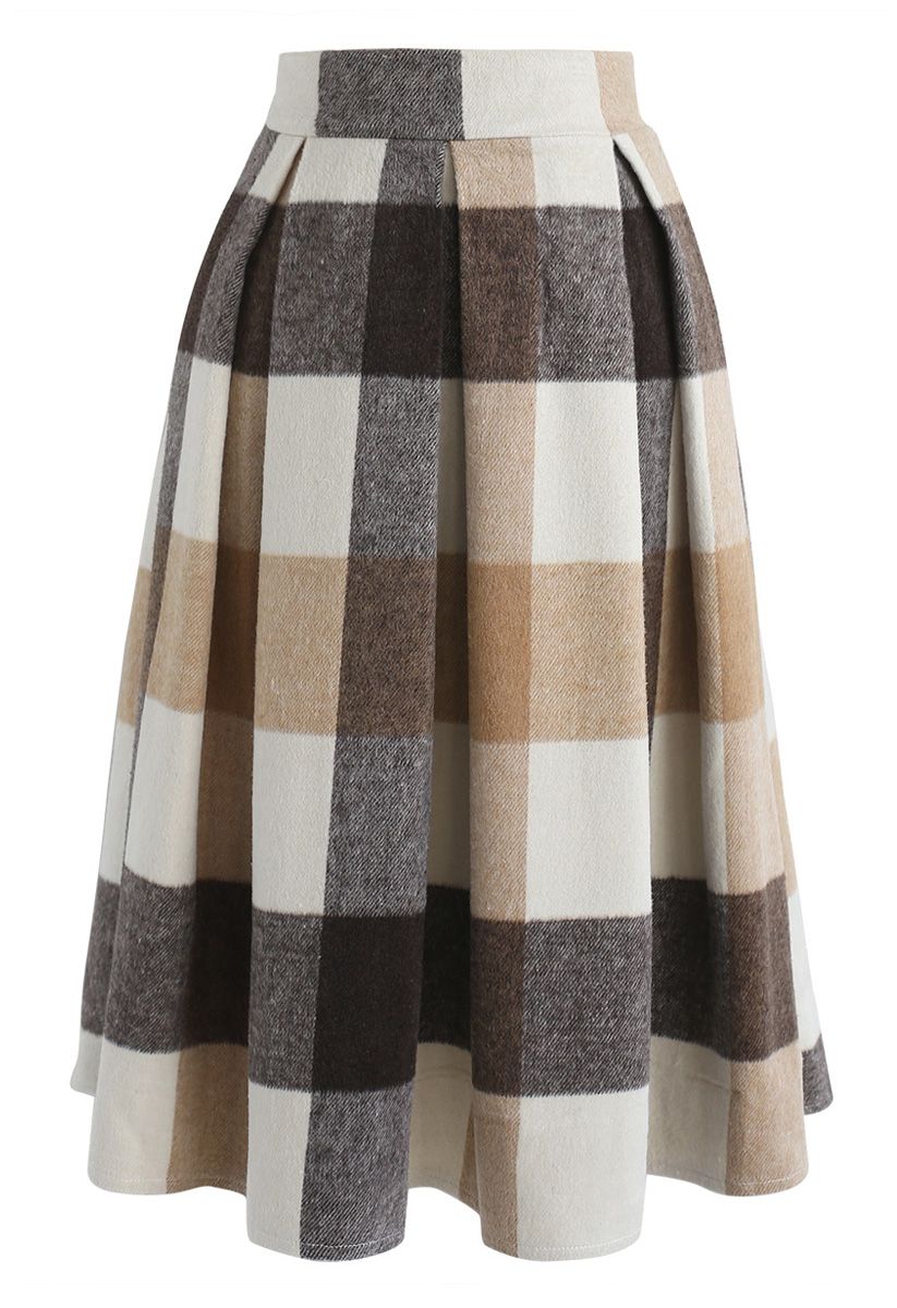 Greatest Embrace Check Wool-Blend Midi Skirt in Light Tan - Retro ...