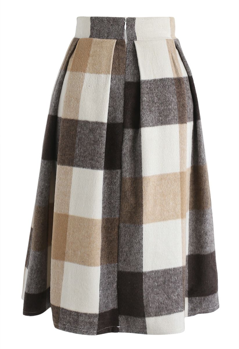 Greatest Embrace Check Wool-Blend Midi Skirt in Light Tan