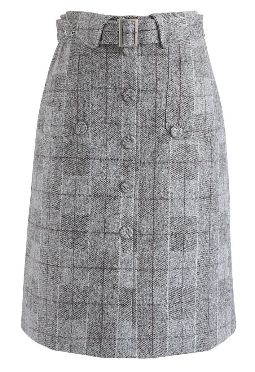 Loving Moments Belted Grid Skirt in Grey - Retro, Indie and Unique Fashion