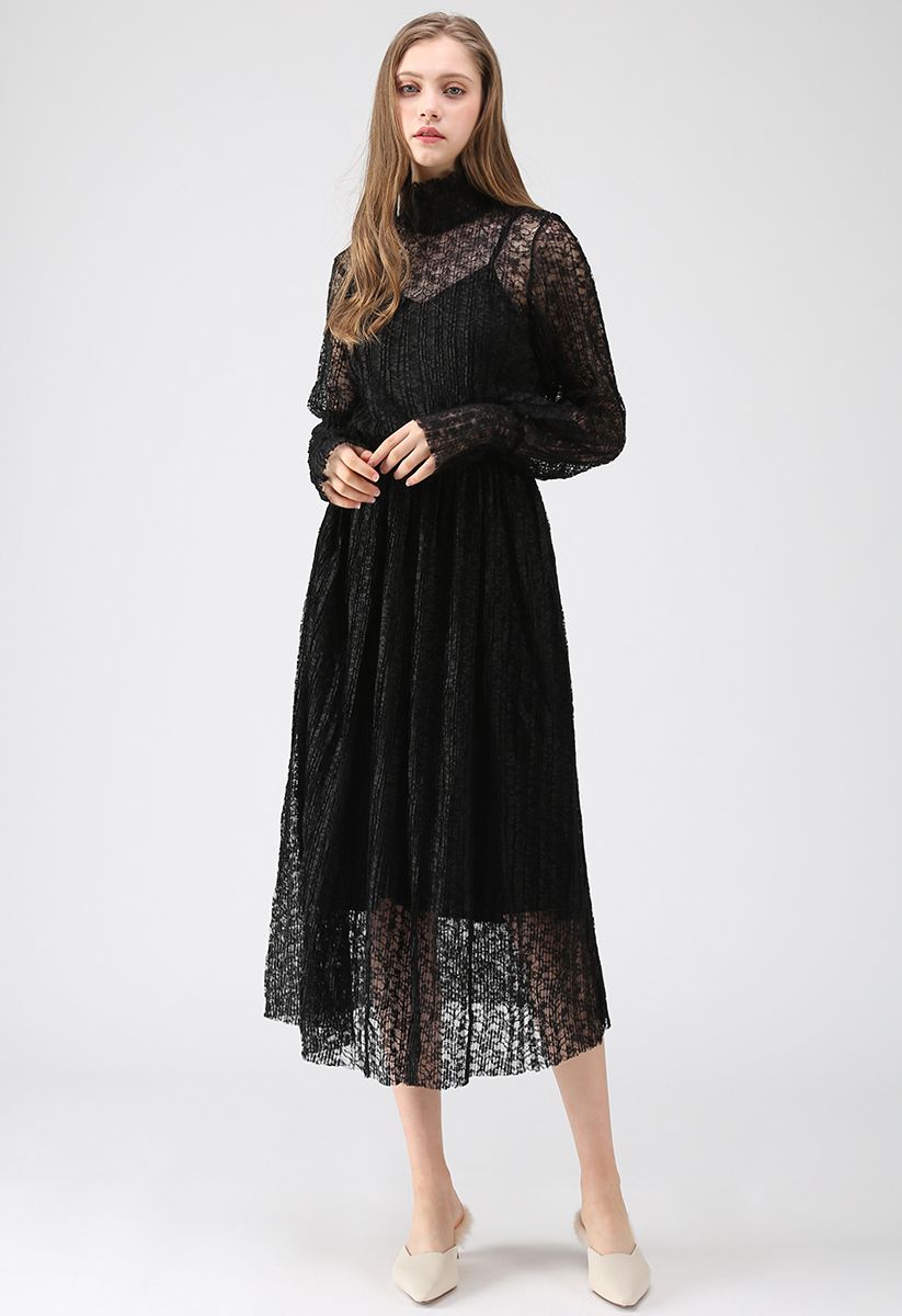 Destination for Romance Pleated Lace Dress in Black