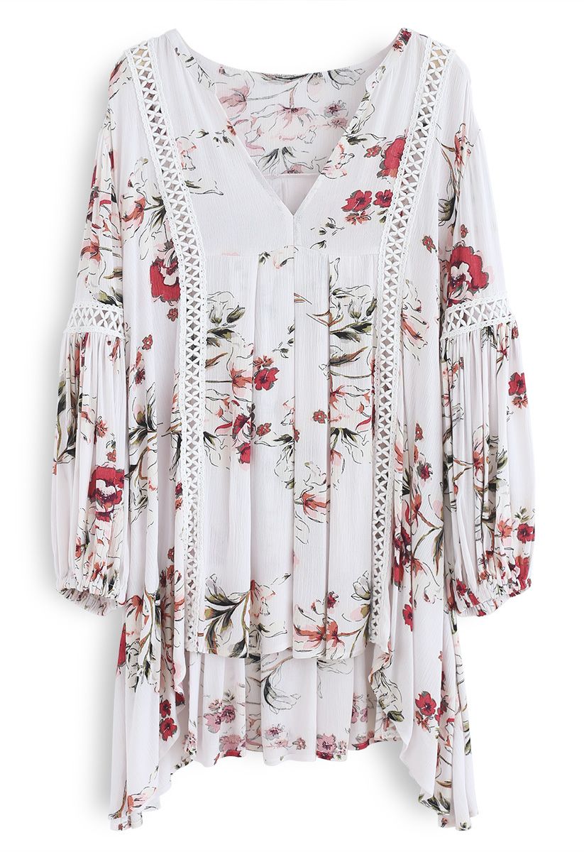 Engrossing Floral V-Neck Tunic in White - Retro, Indie and Unique Fashion