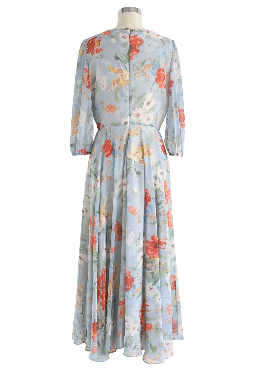Full Bloom Asymmetric Blue Floral Printed Maxi Dress