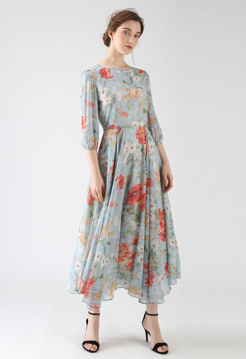 Full Bloom Asymmetric Blue Floral Printed Maxi Dress