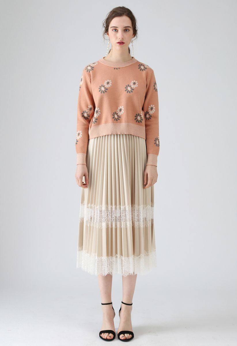 Between Lace Pleated Midi Skirt in Cream