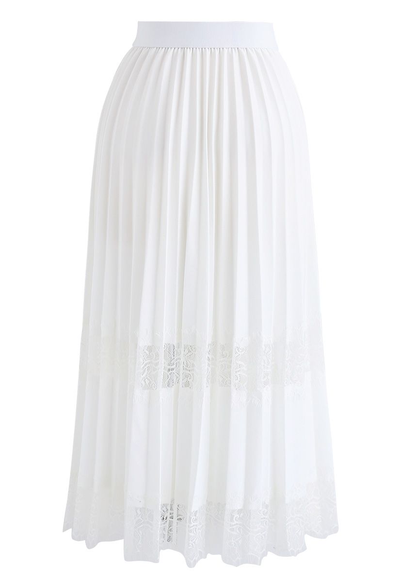 Between Lace Pleated Midi Skirt in White