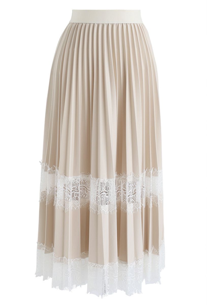 Between Lace Pleated Midi Skirt in Cream
