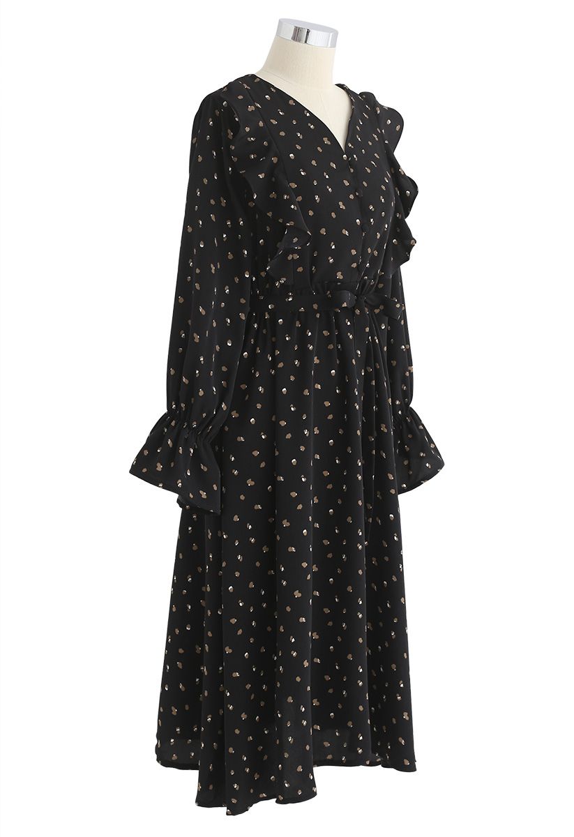 Fancy Dotted Ruffle Midi Dress in Black - Retro, Indie and Unique Fashion