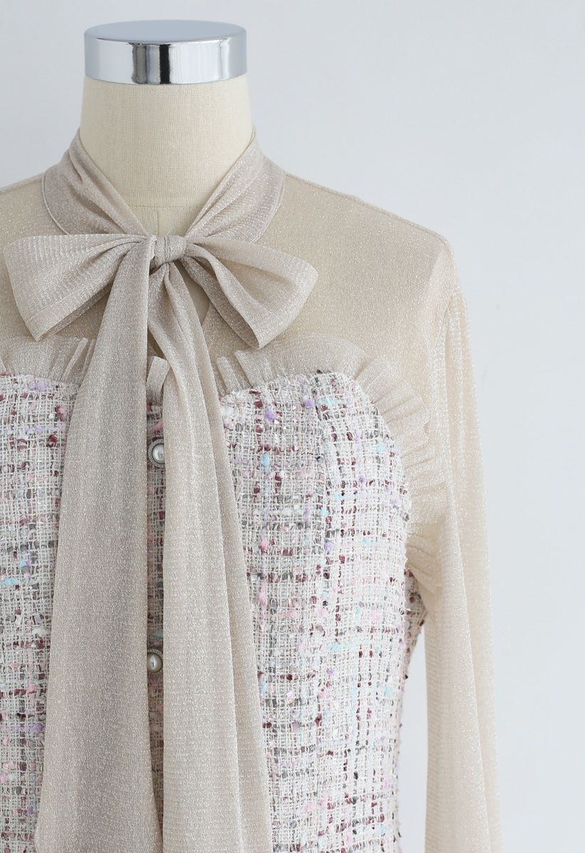 Shimmer Bowknot Mesh Tweed Dress in Cream