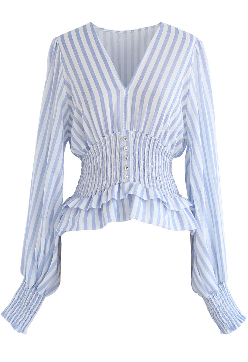 Vintage Spirits Shirred Stripes Top in Blue - Retro, Indie and Unique ...
