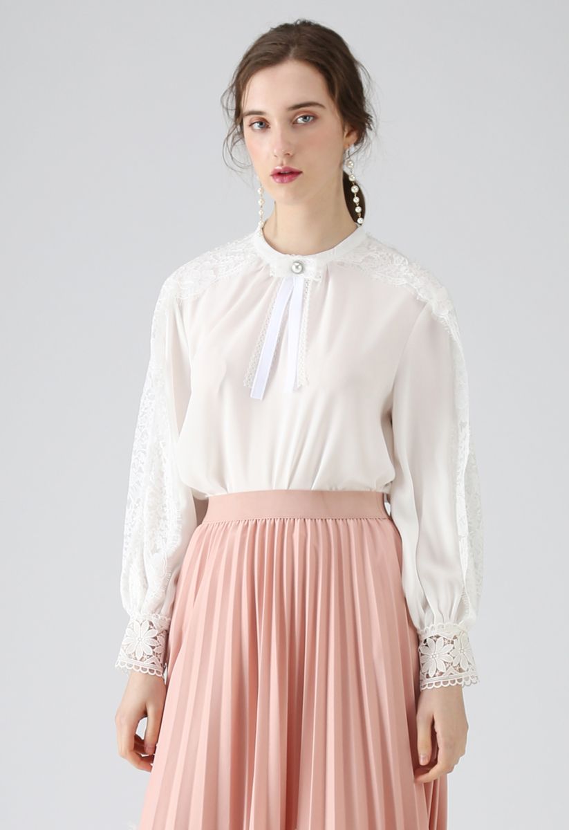 All the Way Bowknot Lace Chiffon Top in White 