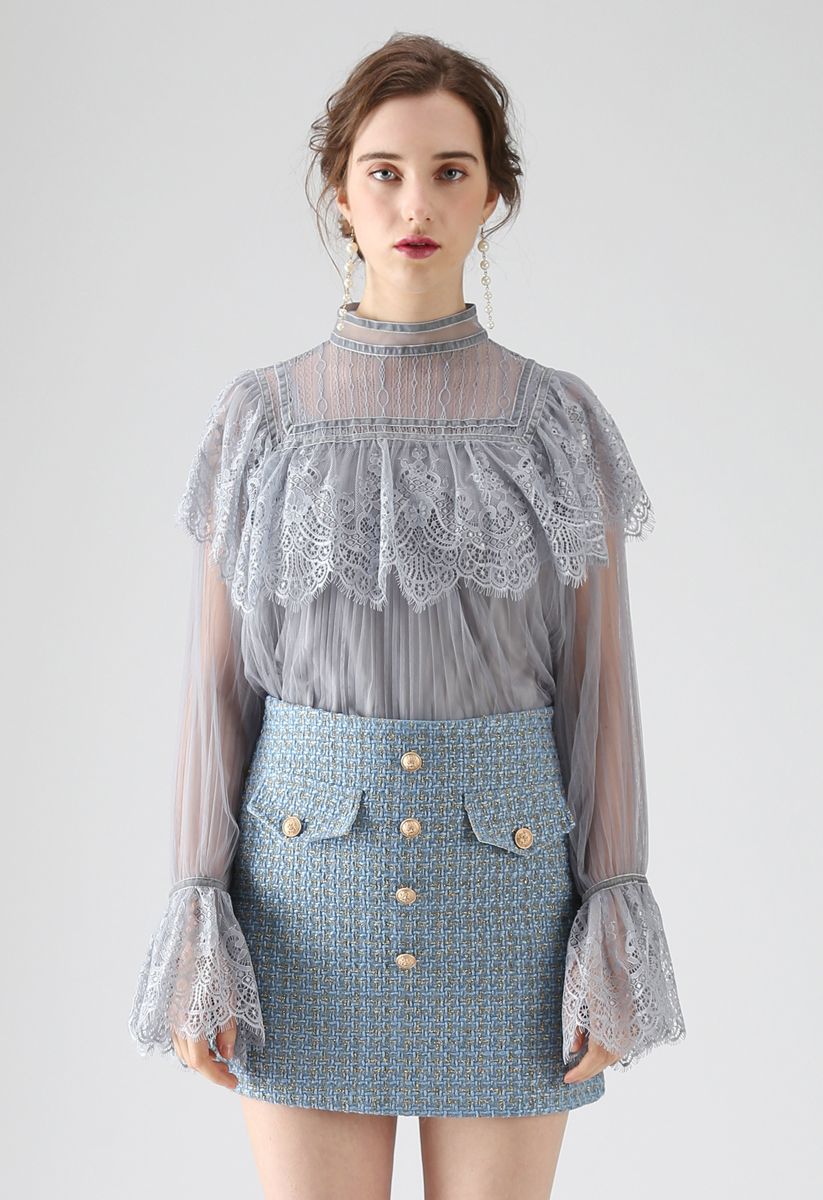 Sweeter Than Ever Pleated Lace Mesh Top in Dusty Blue