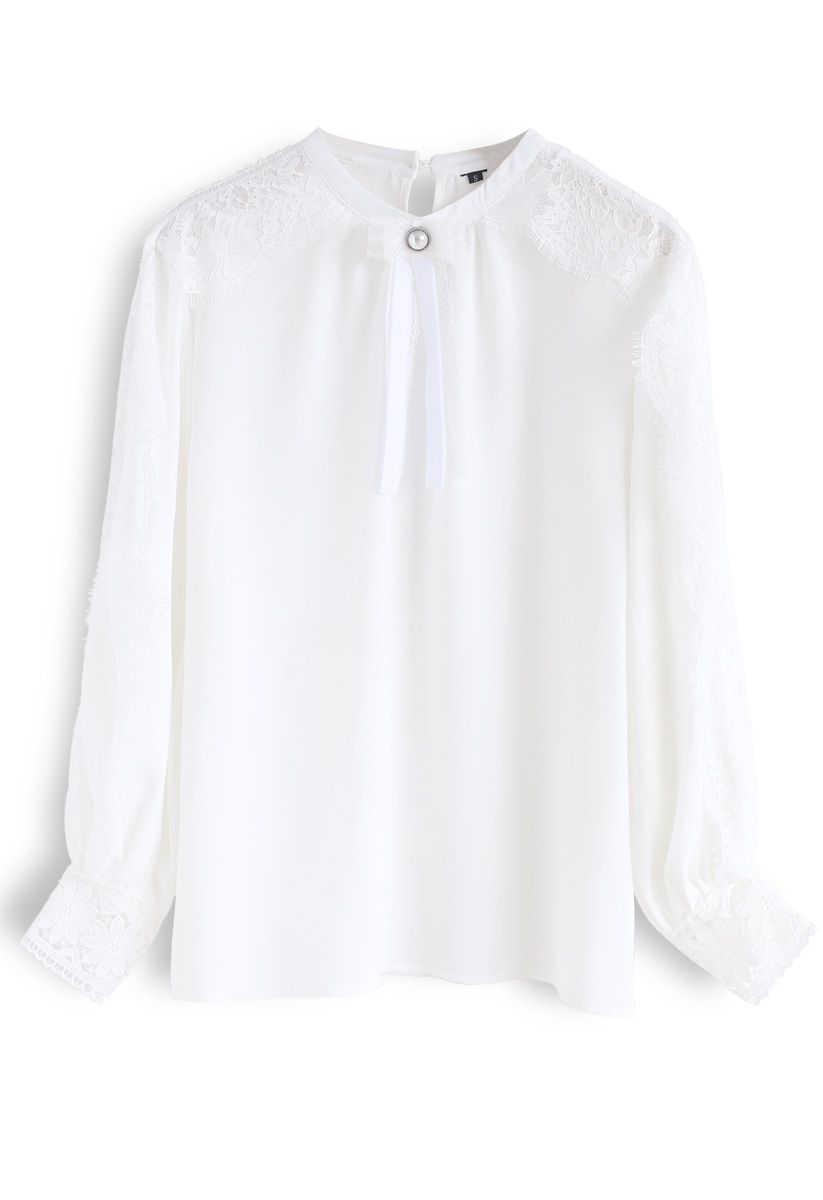 All the Way Bowknot Lace Chiffon Top in White 