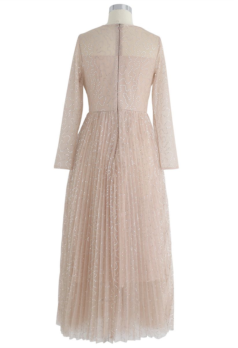 Under the Spotlight Sequins Pleated Maxi Dress in Apricot