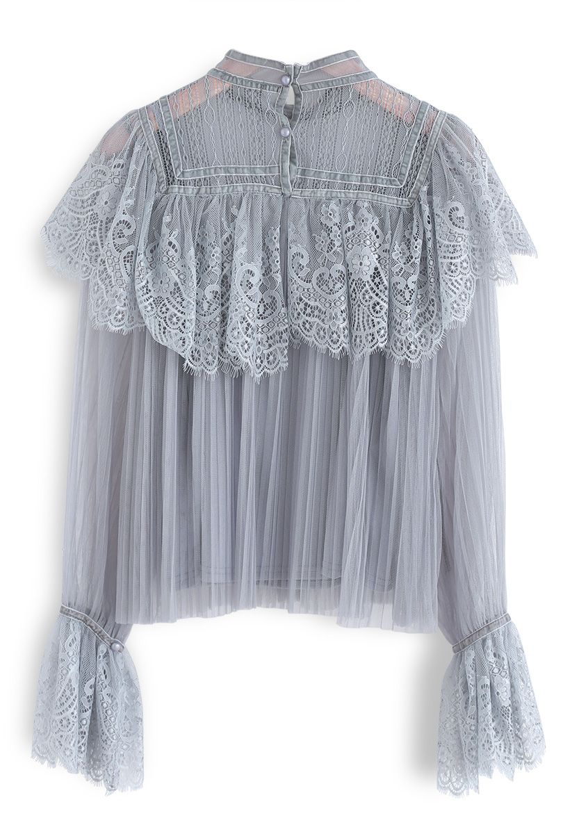 Sweeter Than Ever Pleated Lace Mesh Top in Dusty Blue