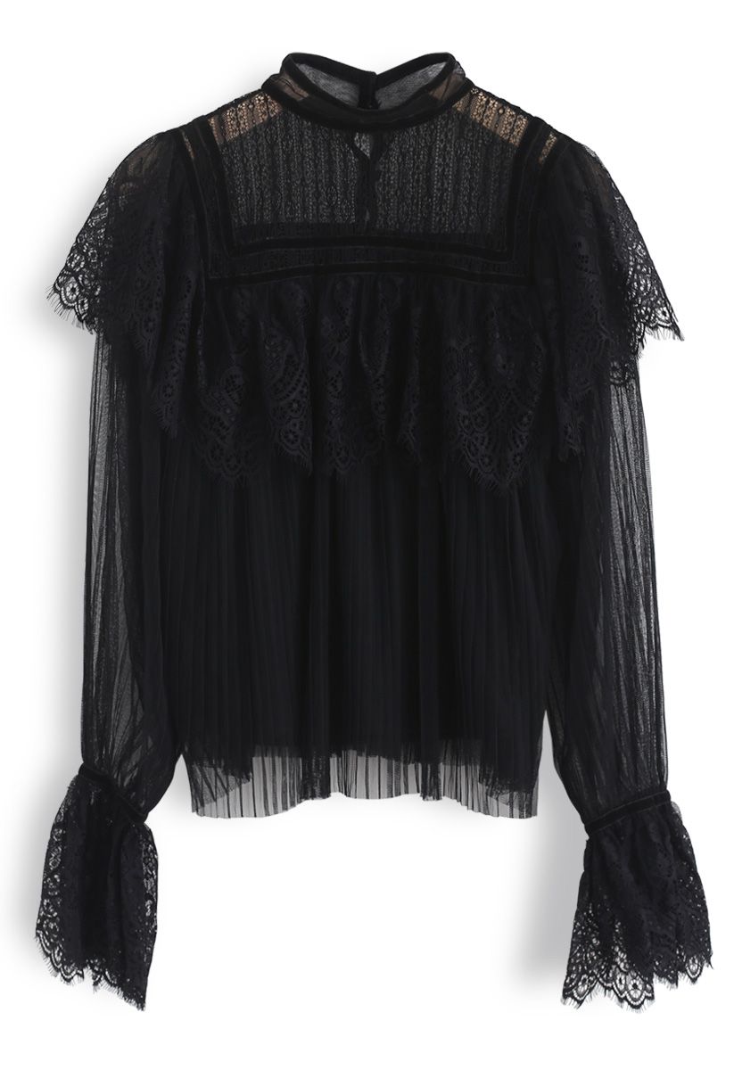 Sweeter Than Ever Pleated Lace Mesh Top in Black - Retro, Indie and ...