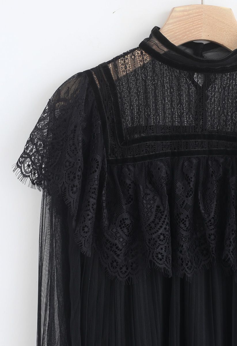 Sweeter Than Ever Pleated Lace Mesh Top in Black