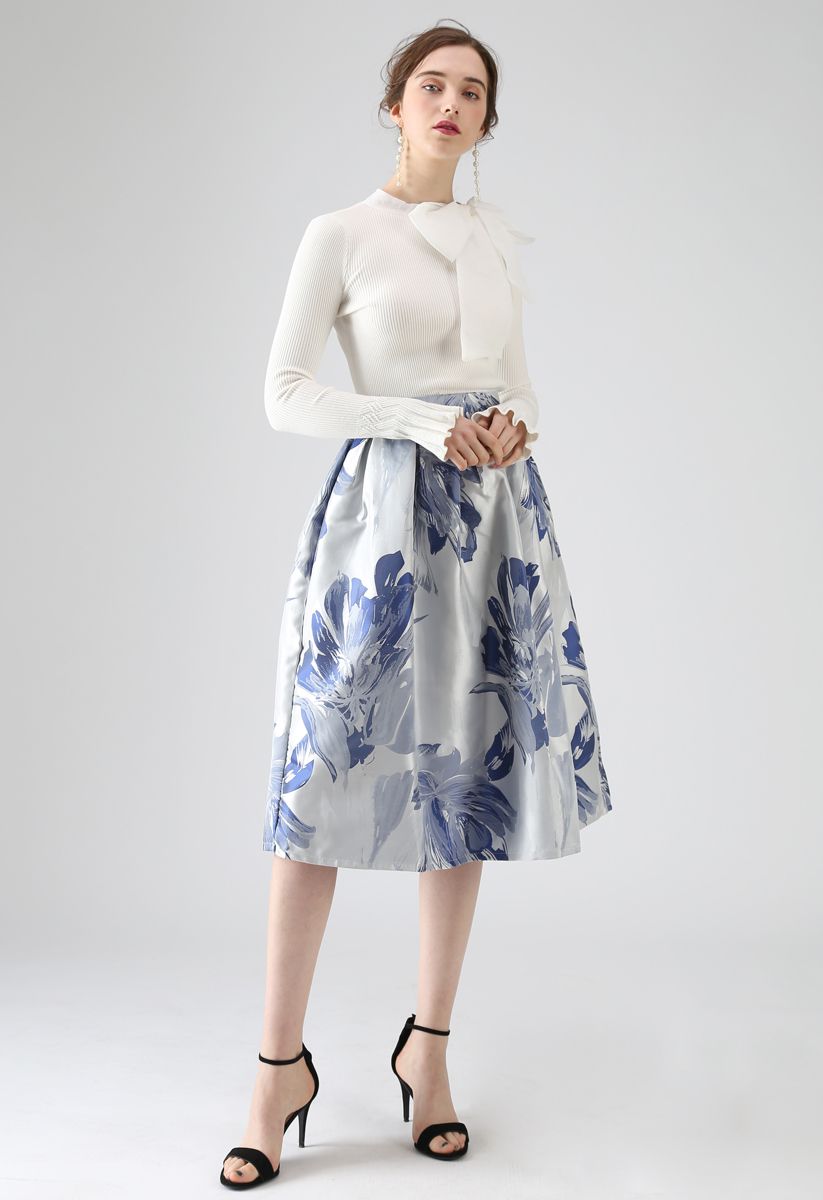 Bauhinia Blossom Jacquard Midi Skirt in Blue