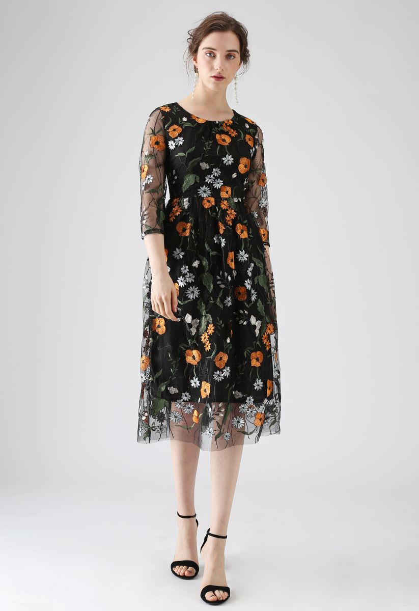 Love Blooms Embroidered Mesh Midi Dress in Black