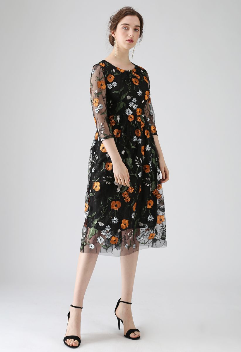 Love Blooms Embroidered Mesh Midi Dress in Black