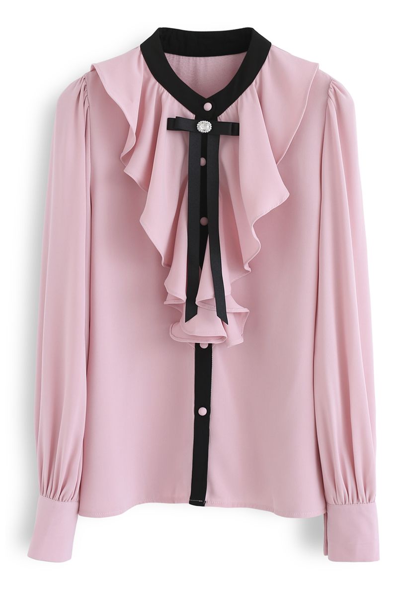 Glamour of Bowknot Ruffle Chiffon Top in Pink