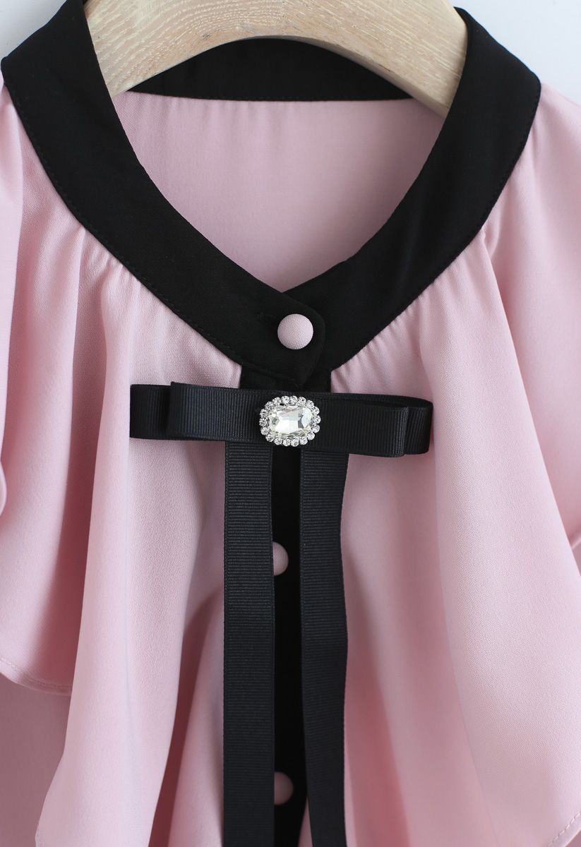 Glamour of Bowknot Ruffle Chiffon Top in Pink