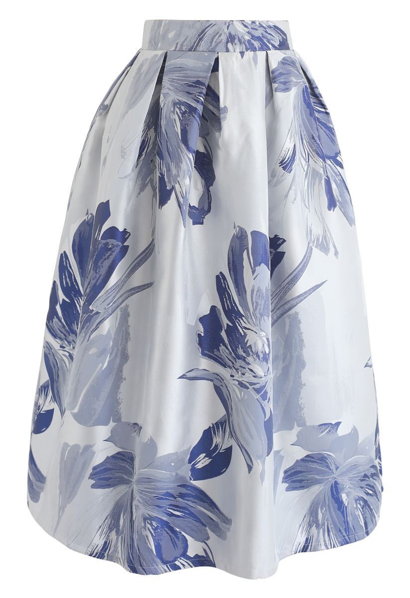 Bauhinia Blossom Jacquard Midi Skirt in Blue