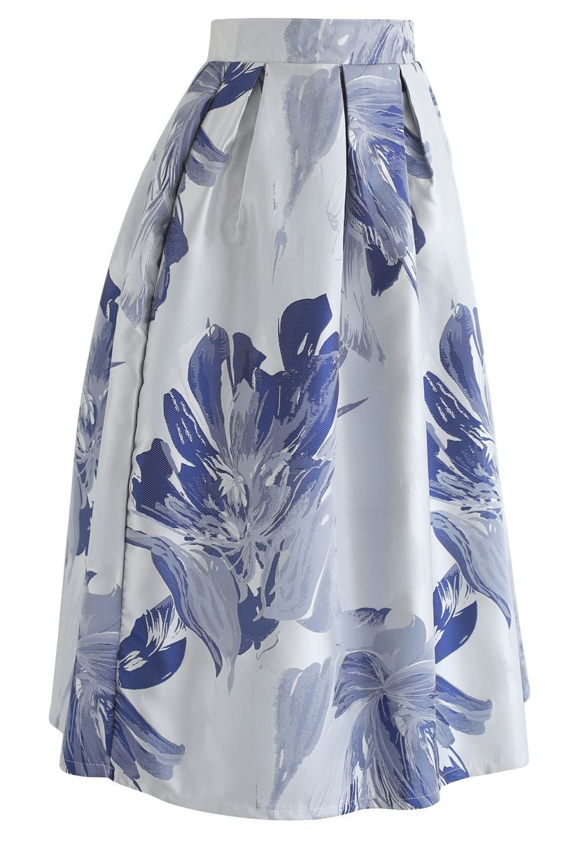 Bauhinia Blossom Jacquard Midi Skirt in Blue - Retro, Indie and Unique ...