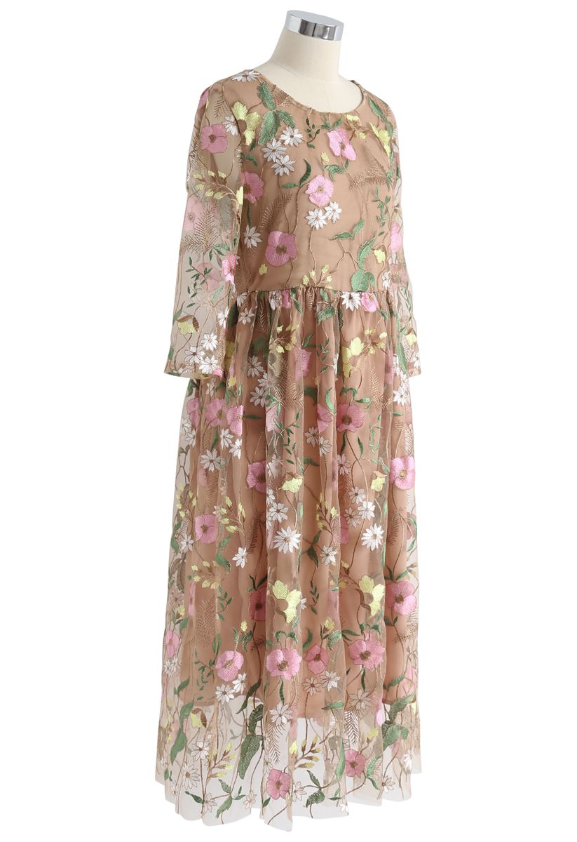 Love Blooms Embroidered Mesh Midi Dress in Tan