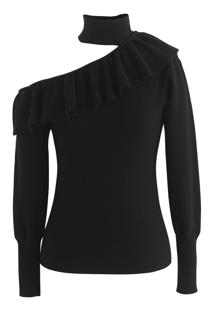 Reminiscent of Ruffle One-Shoulder Knit Top in Black 