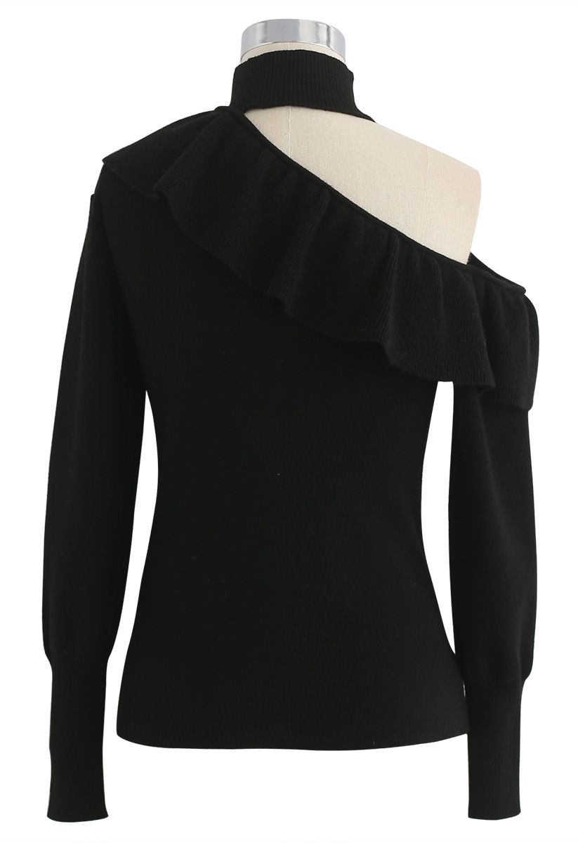 Reminiscent of Ruffle One-Shoulder Knit Top in Black 