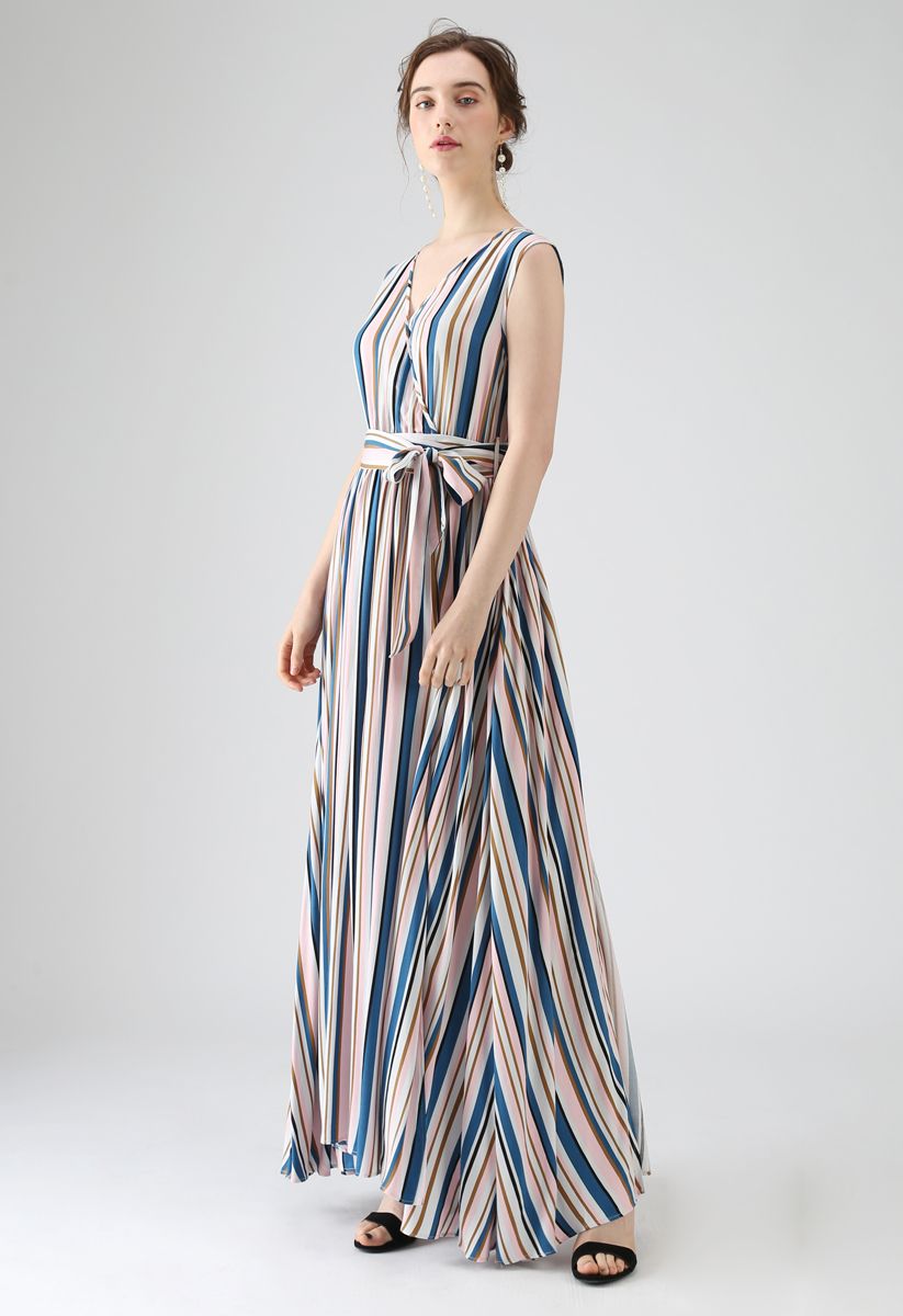 Elegance Keeper Stripes V-Neck Maxi Dress in Pink - Retro, Indie and ...