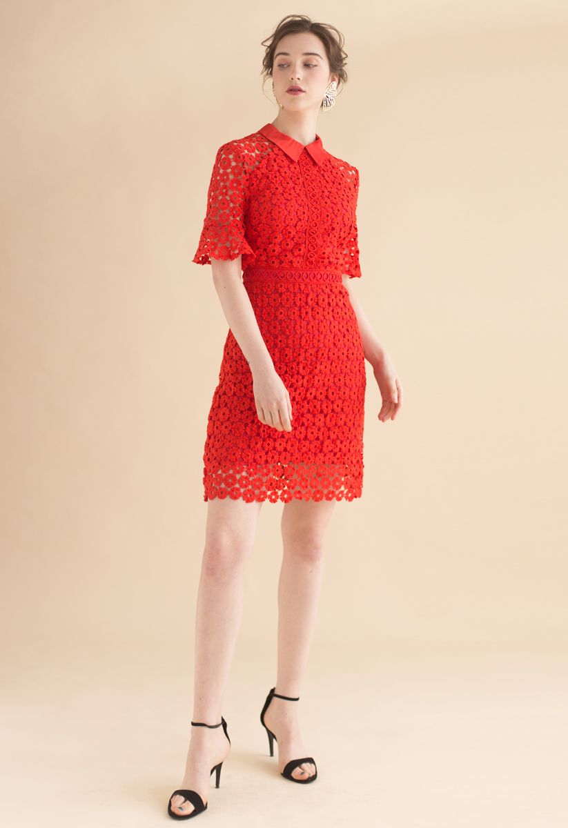 Faith in Elegance Crochet Shift Dress in Red