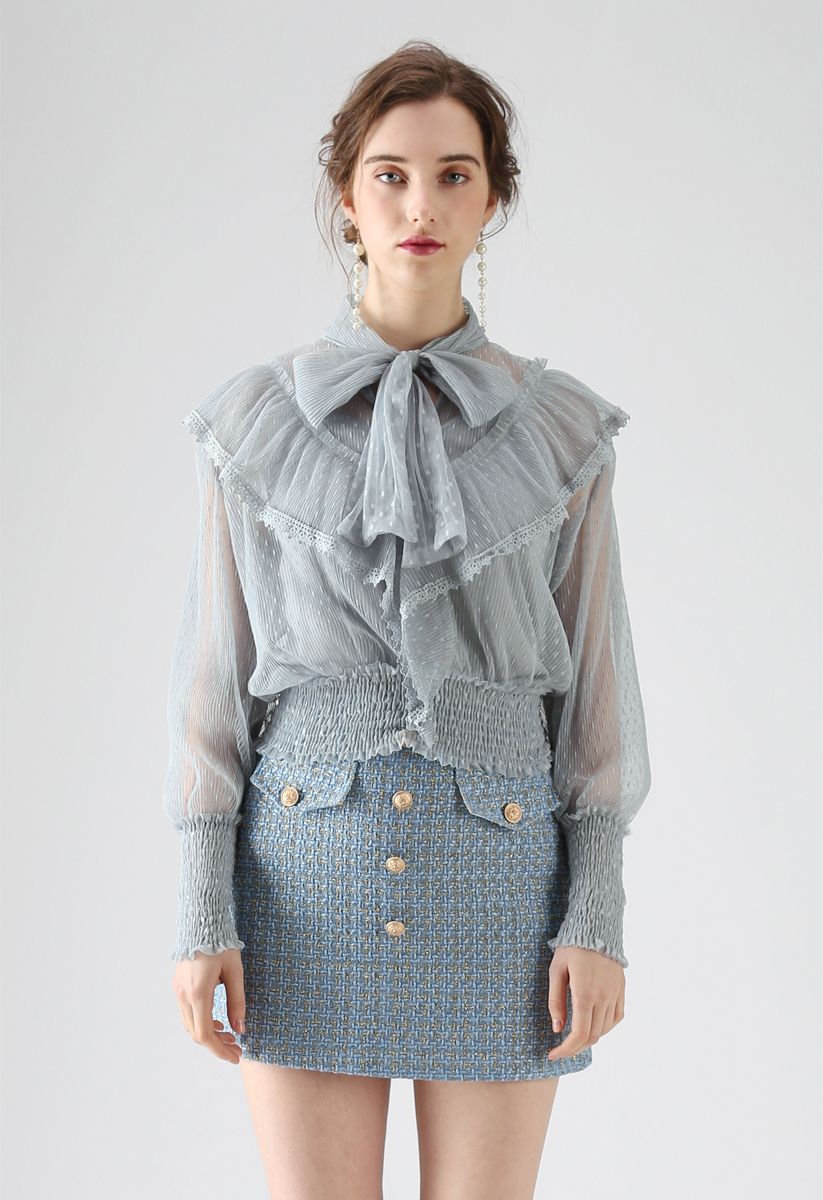 All We Know Bowknot Ruffle Mesh Top in Dusty Blue