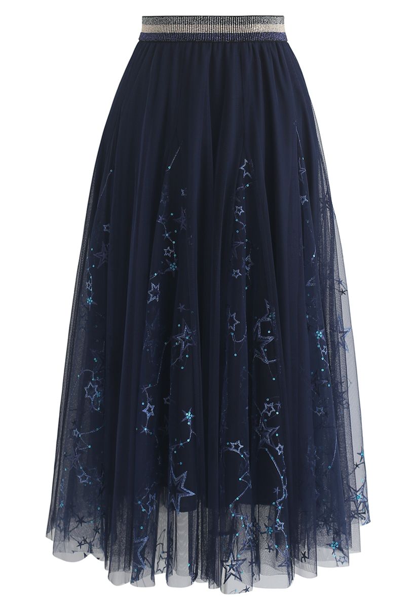 Dazzling Stars Tulle Midi Skirt in Navy - Retro, Indie and Unique Fashion