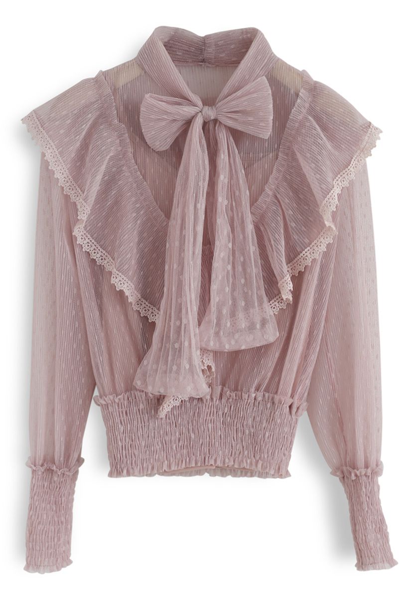 All We Know Bowknot Ruffle Mesh Top in Pink