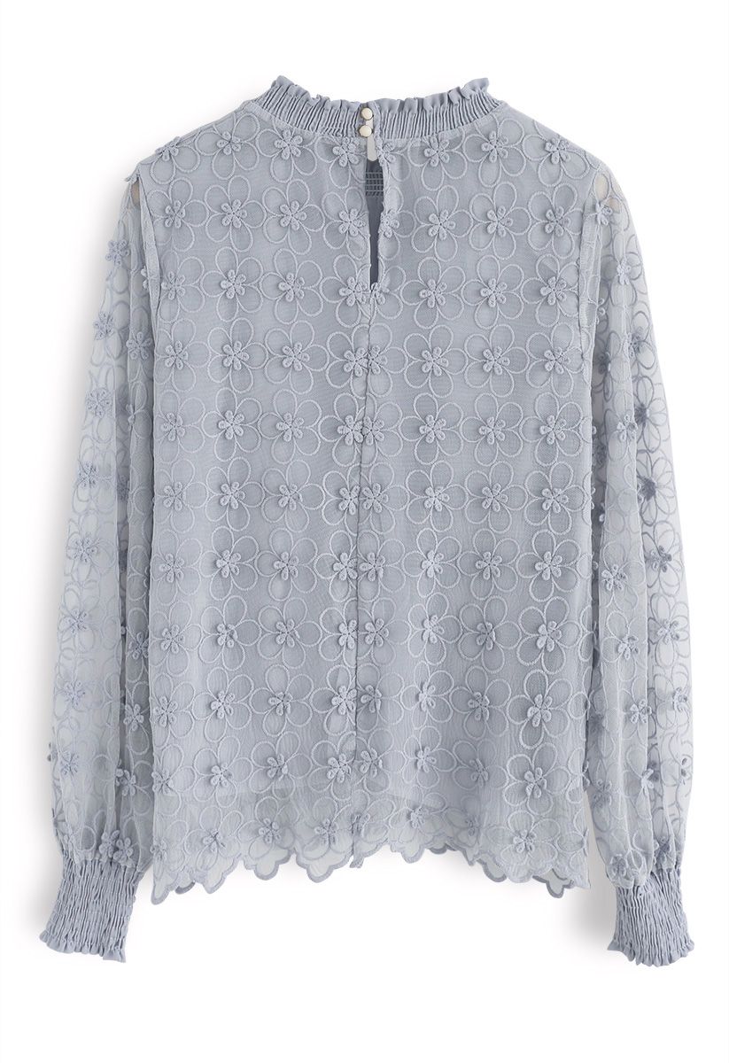 Loving Love Floral Embroidered Mesh Top in Grey - Retro, Indie and ...