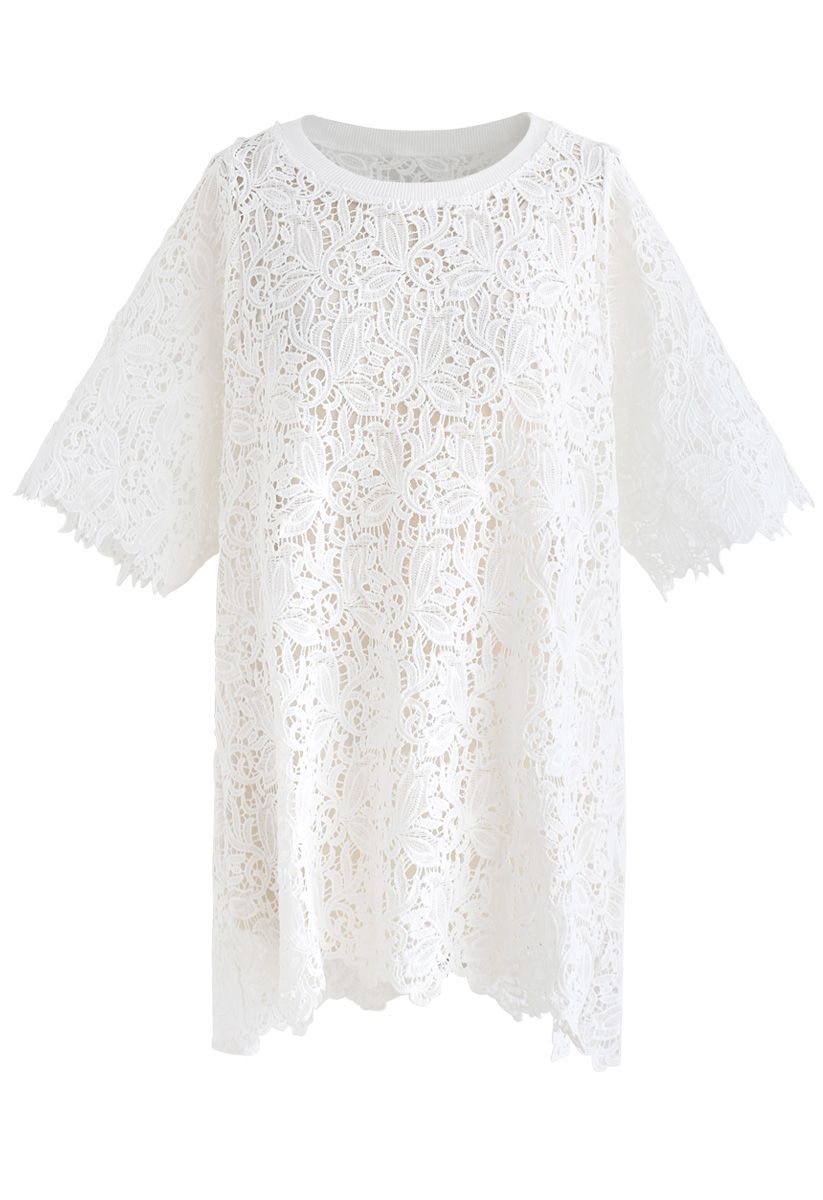 Perfect Morning Full Floral Crochet Tunic in White