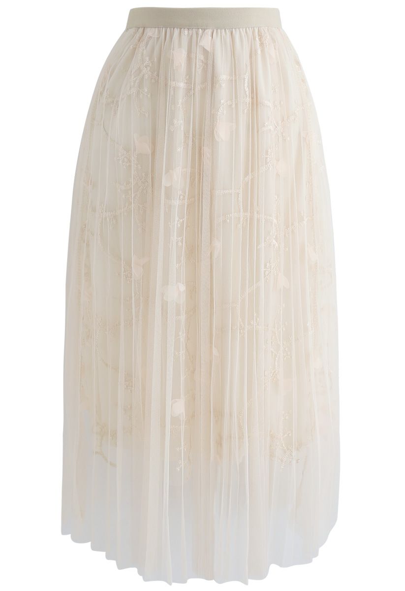 Florescent Dreams Mesh Pleated Tulle Midi Skirt in Cream - Retro, Indie ...