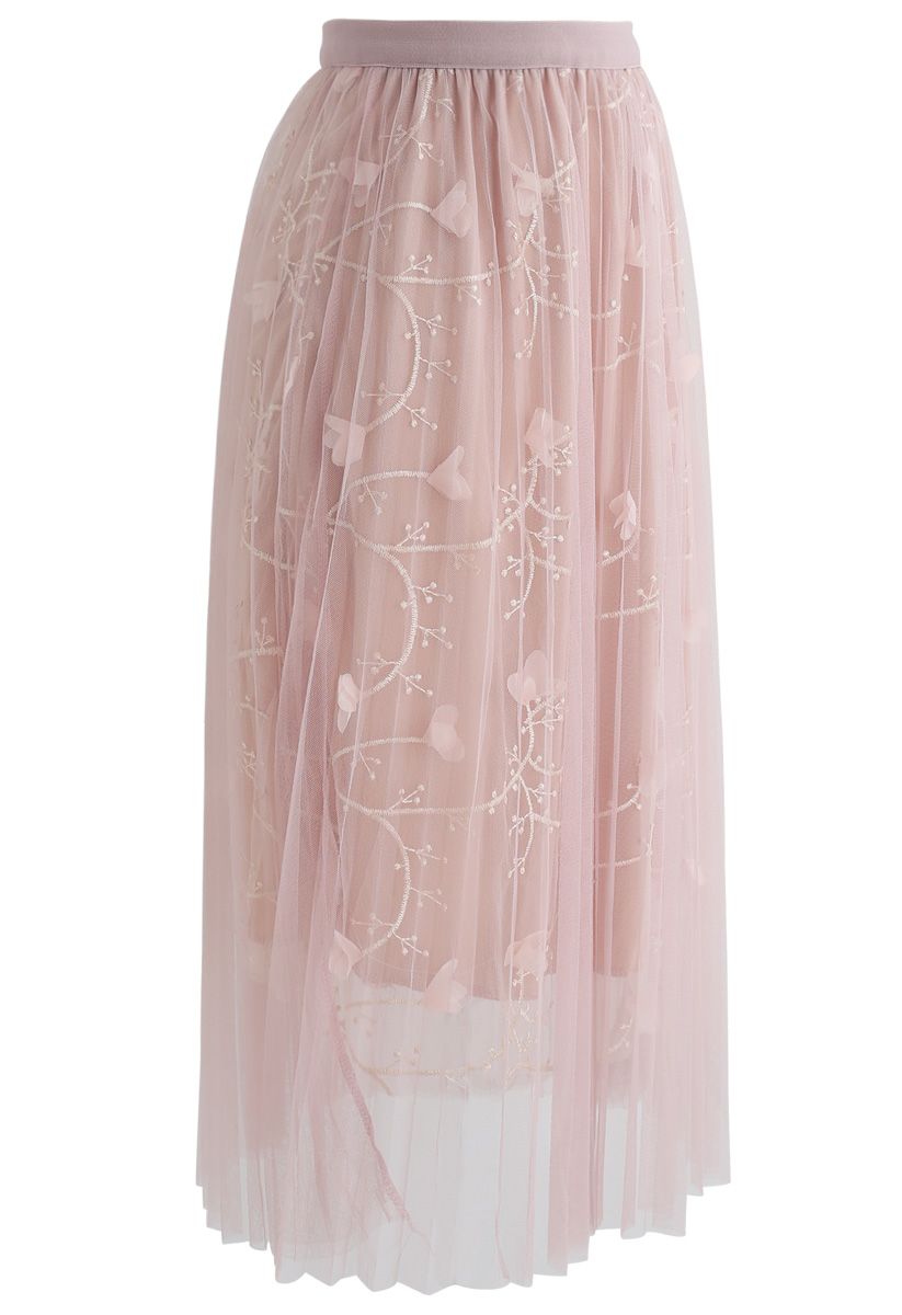 Florescent Dreams Mesh Pleated Tulle Midi Skirt in Pink