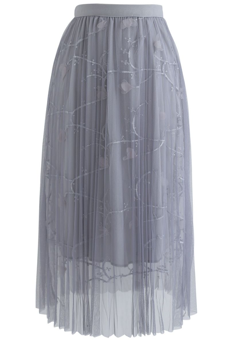 Florescent Dreams Mesh Pleated Tulle Midi Skirt in Grey - Retro, Indie ...