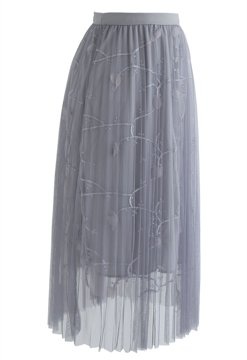 Florescent Dreams Mesh Pleated Tulle Midi Skirt in Grey
