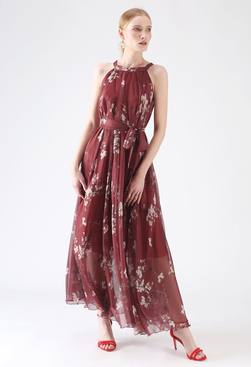 Plum Blossom Watercolor Maxi Slip Dress in Wine