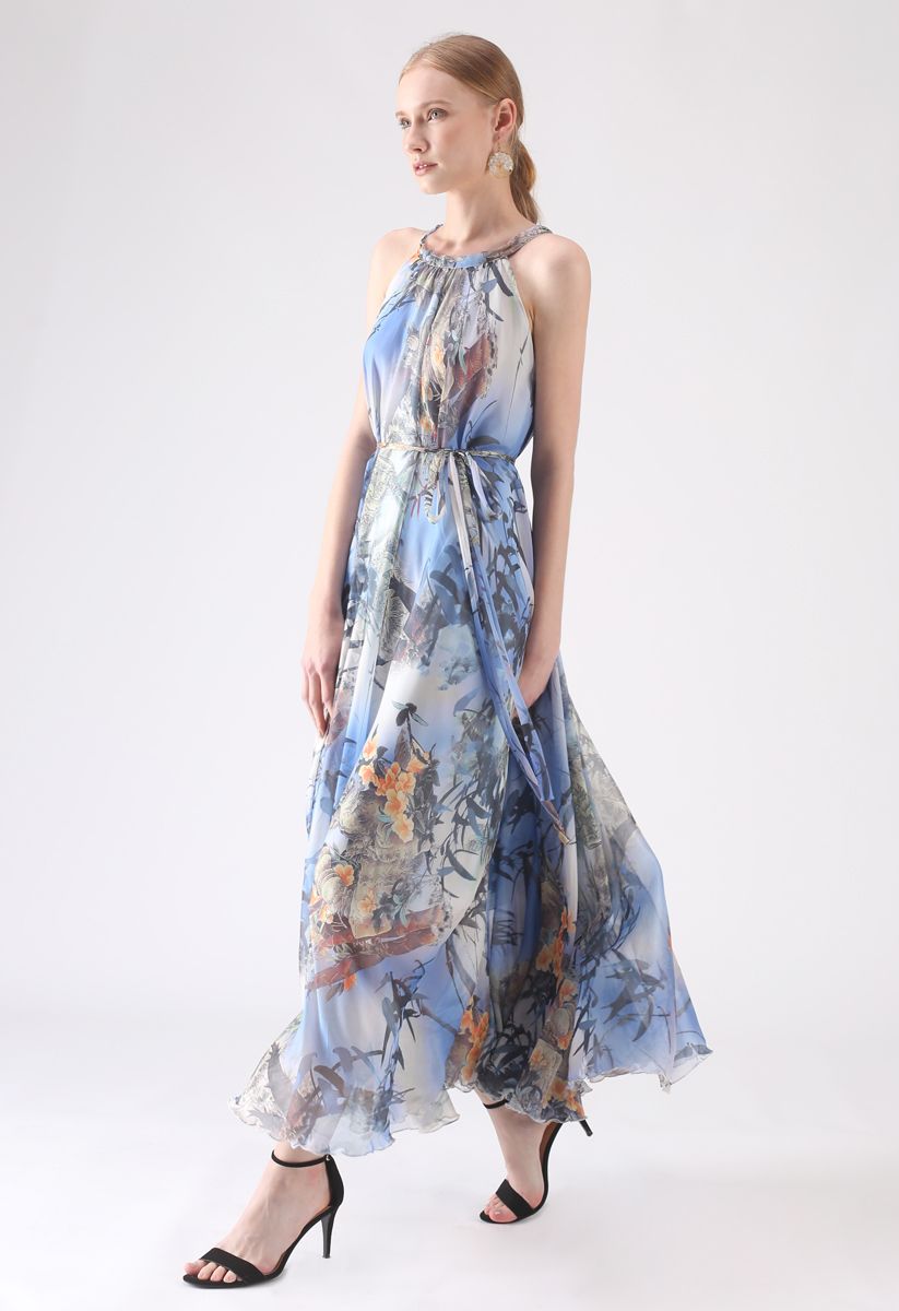 Bamboo Watercolor Maxi Slip Dress in Blue