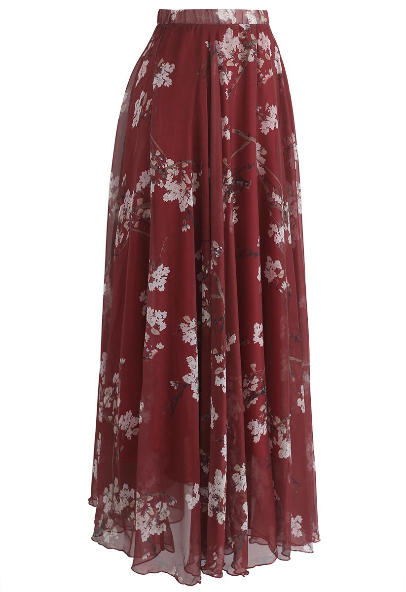 Plum Blossom Watercolor Maxi Skirt in Wine - Retro, Indie and Unique Fashion