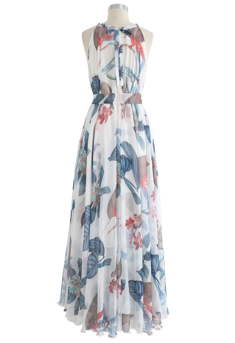 Tropical Floral Watercolor Maxi Slip Dress in White